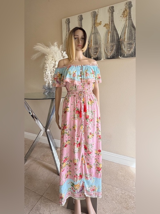 Dresses & Skirts - Off-Shoulder Pink Floral Maxi Dress with Blue Trim
